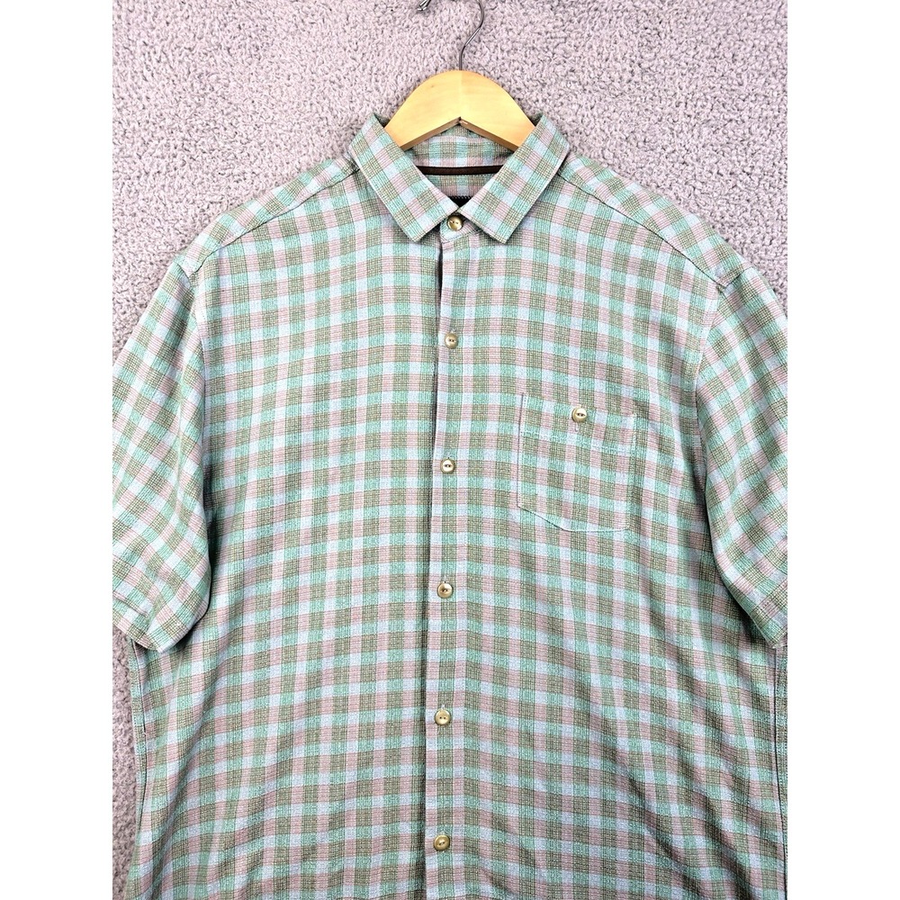 Tommy Bahama Shirt Mens Medium Multicolor Plaid Green Pink S/S Silk Button Up
